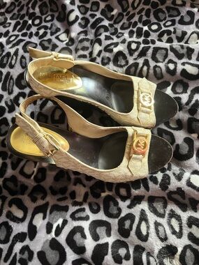 Michael Kors Beige Slingback Peep-Toe Heels with Gold MK Accent